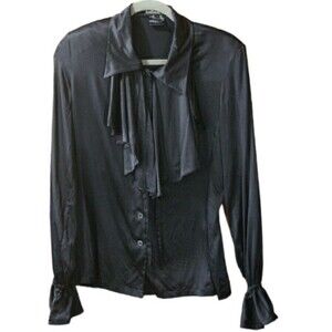 Escada vintage Black Silk Ruffle Button Down Blouse 100% Silk Germany 36